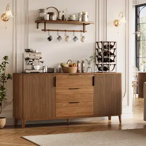 Oxirth 59" Fluted Sideboard Buffet with 3 Drawers & Adjustable Shelves, Mid Century Modern Storage Cabinet with Sturdy Wood Legs, Multifunctional Credenza for Living Room Kitchen Dining Room (Walnut)