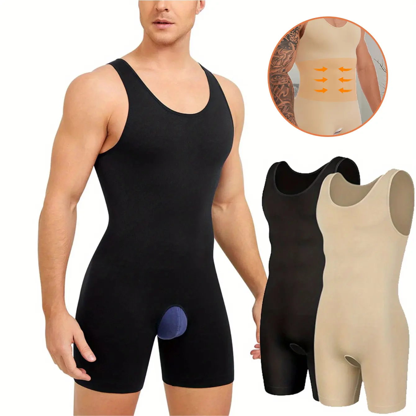 Men's Nylon/Spandex Tummy Control Waist Trainer Bodysuit - Seamless Slimming Shapewear Body Suits, Open Crotch, Solid, Breathable Waist Trainer Body Shape Underwear, 2XL