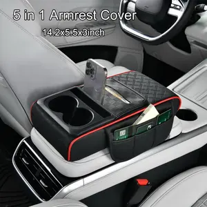 5 in 1 Thickening Car Armrest Cushion with Cup Holder Phone Mount Storage Bags Tissue Box Slot Memory Cutton Napa Leather Center Console Cover for BMW Chevrolet Ford Honda Jeep Nissan Toyota Mercedes-Benz Hyundai VW