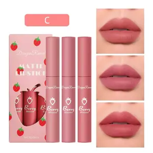 3PCS Strawberry Lipstick Set Velvet Makeup Matte Lipstick Long-Lasting Lip Gloss Non-Stick Cup Lip Glaze Gift Box, color lip gloss lipstick makeup