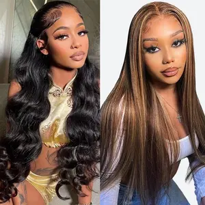[Combo sale 28"&22"] buy 1 get 2 wig" 28 Inch 13x4 body wave  Hair Lace Front Wigs +22Inch Straight Honey Blonde Human Hair Hair Pre Plucked HD Transparent Lace Frontal Human Hair Wigs 180% Density With Baby Hair