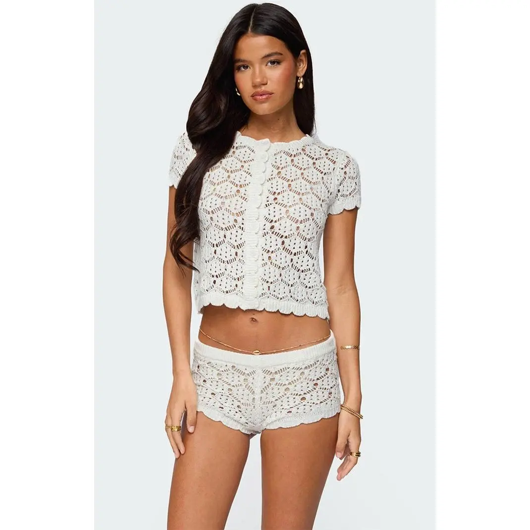 Edikted Women's Elisa Open Knit Button Up Top