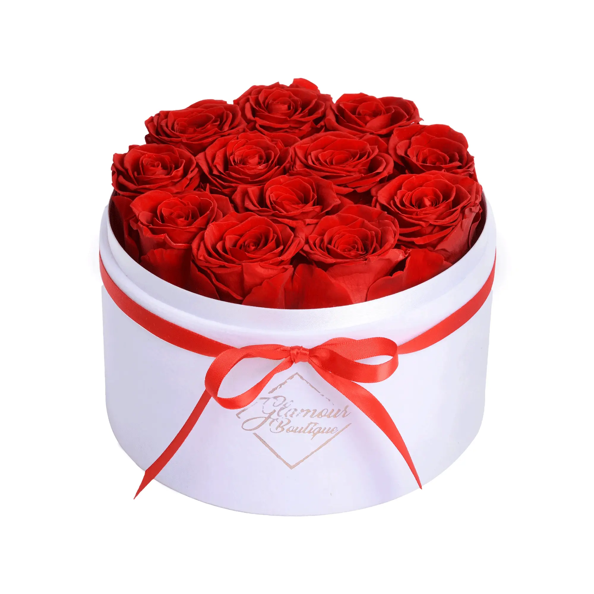GLAMOUR BOUTIQUE Eternal Prestige Velvet White Decorative 12-Red-Roses Box, Floral Ornaments for Home & Garden Decoration
