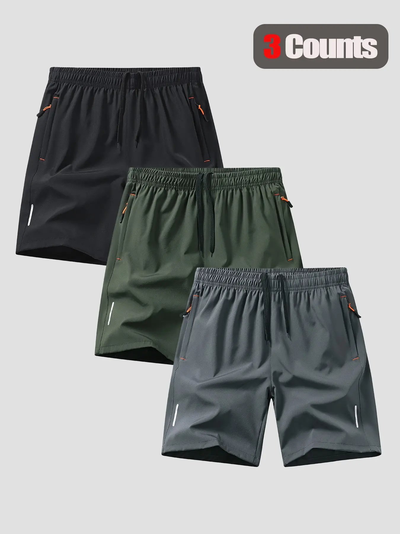3-Pack Men's Loose Quick Dry Outdoor Casual Shorts, Drawstring Sports Shorts, Breathable, Wear & Wrinkle Resistant, Adjustable Drawstring Waist, Zipper Pockets & Leg Reflective Strips, Night Safety, for Daily Wear, Outdoor Activities