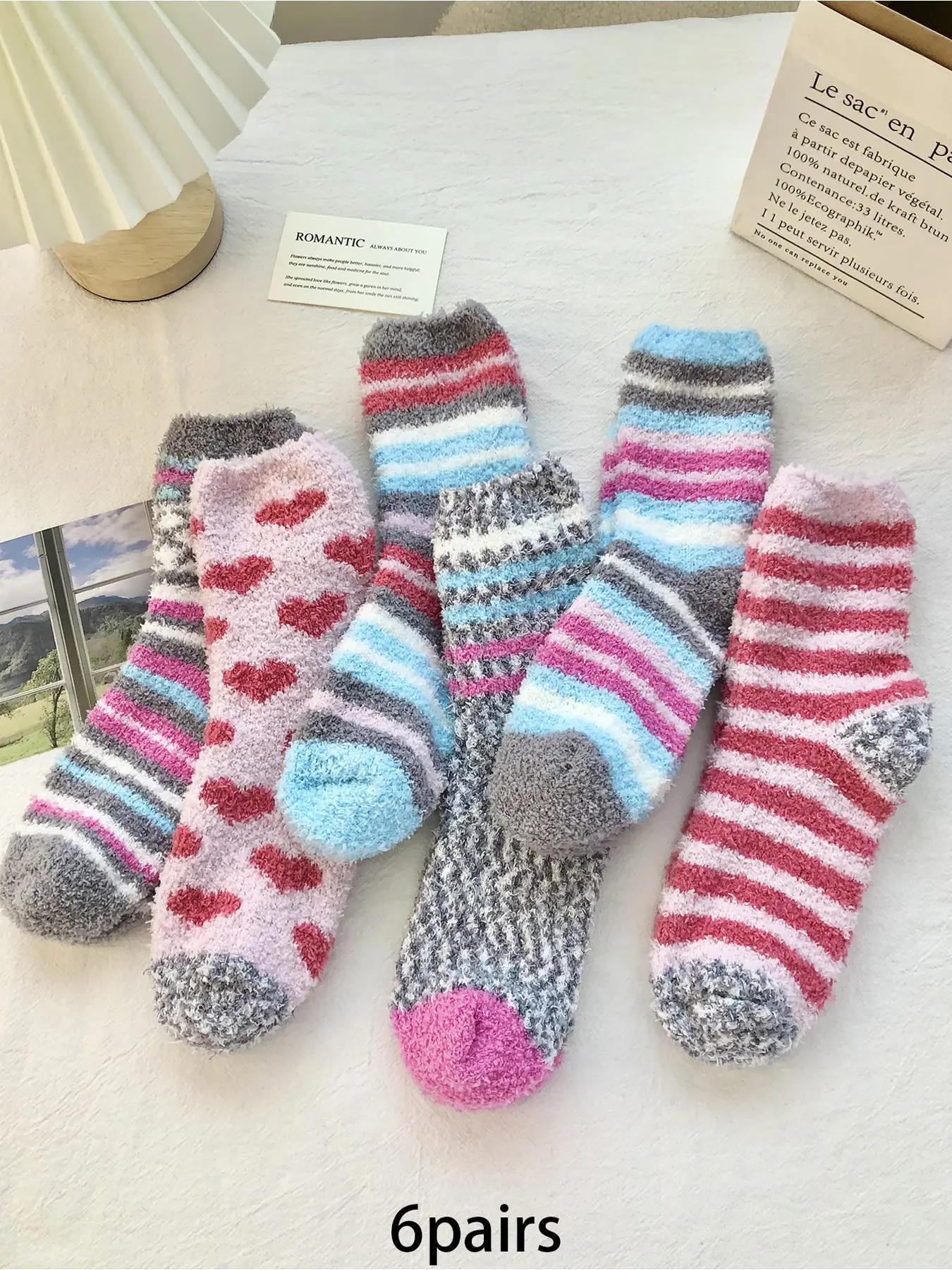 6pairs of fashionable spliced coral fleece mid tube socks are warm, comfortable, breathable, and suitable for daily home wear as casual couple socks