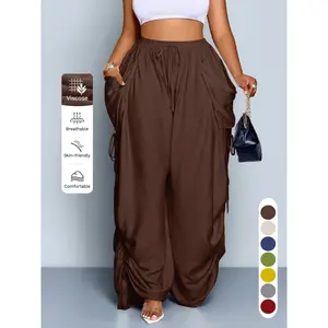 Women's Casual Loose-Fit Wide Leg Drawstring Pants, All-Season Woven Fabric, Long Plain Design, Daily Commute & Vacation Wear