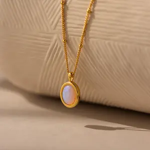 Opal Pendant Necklace by Caitlyn Minimalist - Oval Crystal Drop Necklace on Satellite Chain - Gemstone Jewelry - Gift for Her