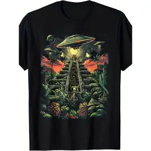 Men's & Women's Retro UFO Alien Pyramid T-Shirt - Chichen Itza Mayan Temple Design, Lightweight Breathable Crew Neck Tee Suitable for Summer, Casual Vintage Shirt with South America Jungle & Mayan Graphic for Travel, History Enthusiasts