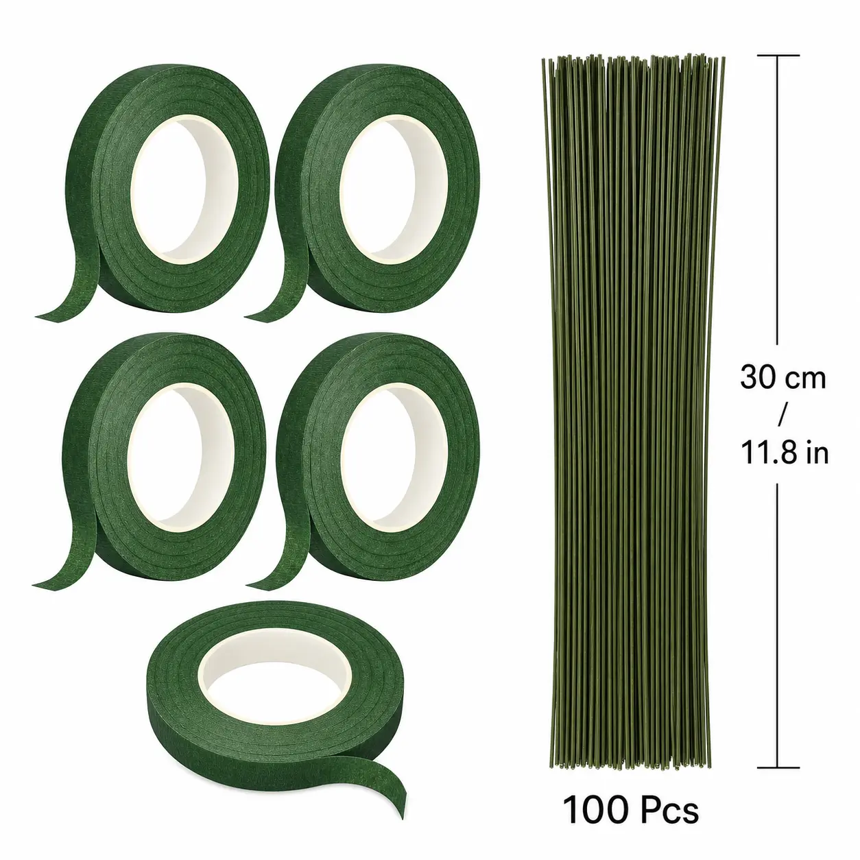 100 green floral wires and 5 rolls of green floral tape are used to make artificial flowers.The flexible wires are suitable for crafts, holiday flowers, wreaths, and floral arrangements.These are florist-grade wires for crafts and floral arrangements.
