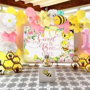 Sweet to Bee ONE Backdrop First Bee Day Birthday Party Decorations for Girls with 5 Yellow Balloons & Bee Balloon Set for Baby Showers