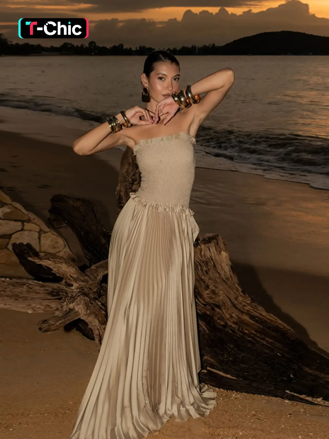 Sheer Bustier Dress with Pleated A-Line Design, Elegant Women's Evening Gown, Perfect for Formal Events & Special Occasions