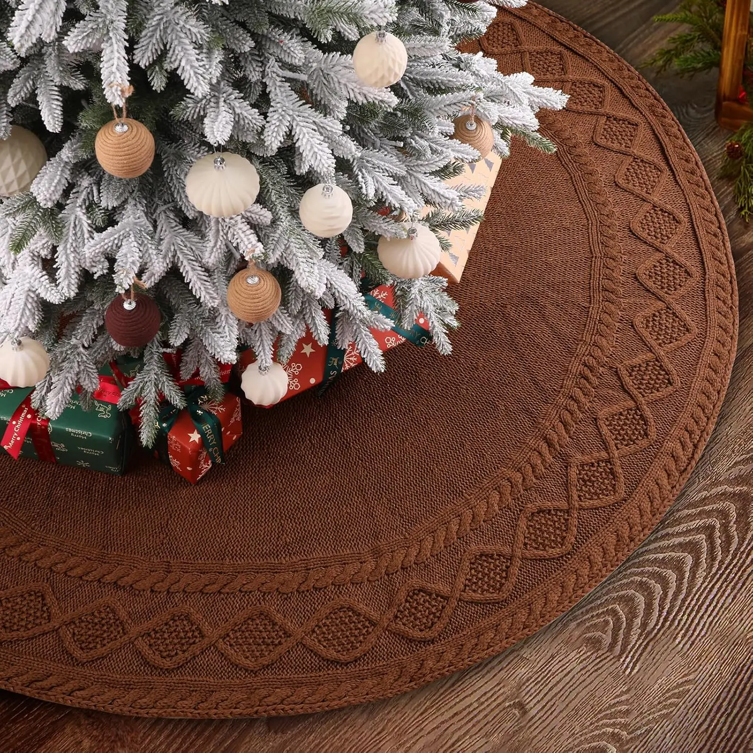 48 Inches Christmas Knitted Tree Skirt Decorations Xmas Large Brown Vintage Chunky Cable Farmhouse Thick Rustic Tree Skirt for Merry Christmas Tree Holiday Home Party Decoration