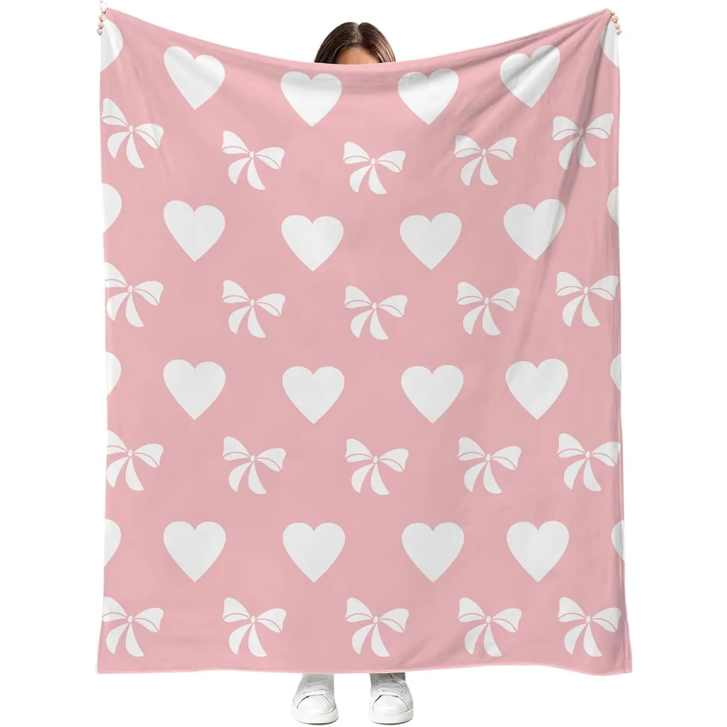 Pastel Pink 100% Polyester Flannel Throw Blanket, 50x60 in, Classic Durable Breathable Soft Heart Bow & Letters Print, Machine Washable, All Seasons Valentine Gift for Girlfriend, Bedroom-Couch Use, Heart Bow Print