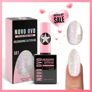 NOVO OVO Holographic Glitter Gel Nail Polish, S01 Silver Stardust (Crushed Diamond), TPO & HEMA Free, Sparkly Reflective  Flash Varnish, Soak Off UV LED Manicure for DIY Nail Art & Salon 10ml