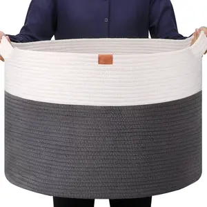 Laundry Basket  storage 22"X22"X14" blanket basket Cotton Rope Woven Baskets with Handles for Living Room (Grey/Beige) XXXL