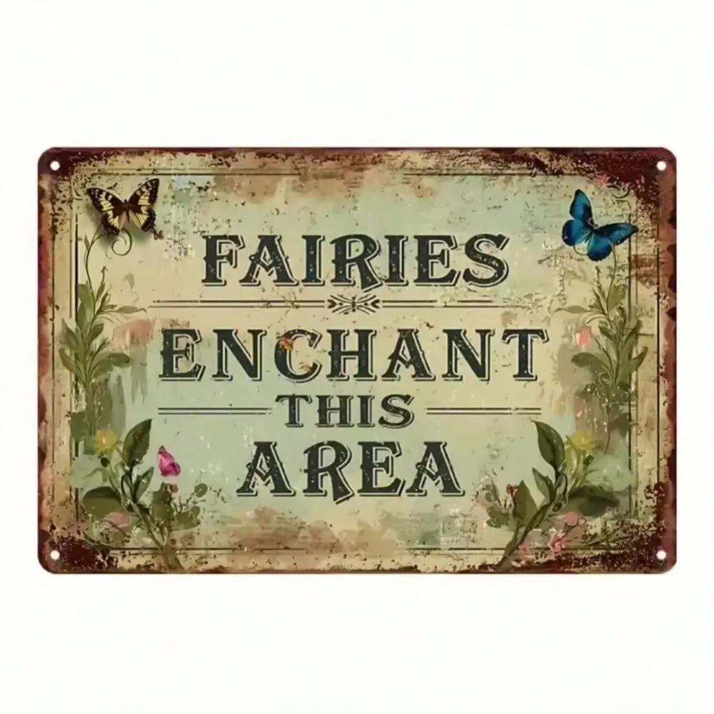 Aluminum Enchanted Fairy Sign Decorative Plaque with Rustic Farmhouse Design Floral Butterflies for Garden Outdoor Fantasy Decor Home Wall Bedroom Bathroom Kitchen Halloween House Decoration