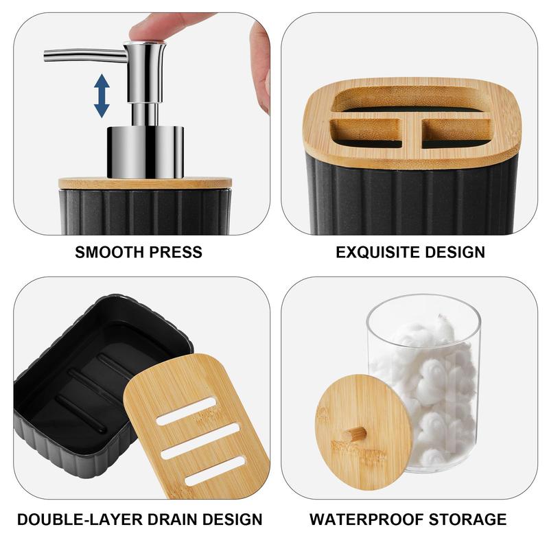 Black Ribbed Bathroom Accessory Set (10 Pieces) with Wood Detail, Water-Resistant Modern Bathroom Decor