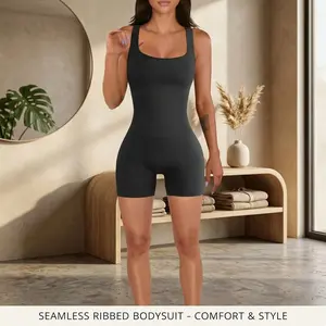 Women's Seamless Ribbed Square Neck Yoga Romper Jumpsuit - One Piece Workout Tank Top for Fitness Gym Exercise Comfortable Stretchy Breathable Fabric Perfect for Yoga Pilates Running Daily Activewear