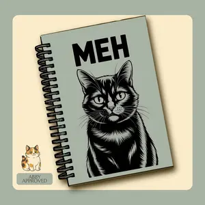 Meh Cat Illustration Spiral Notebook Ruled Line 6x8 Compact 118 Pages Smooth 90gsm Paper Metal Binding Interior Pocket Matte Front Cover