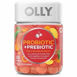 Probiotic + Prebiotic Gummy, Digestive Support and Gut Health, 500 Million CFUs, Fiber, Adult Chewable Supplement for Men and Women, Peach, 30 Day Supply - 30 Count Vitamin Fitness Healthcare Edible Optimum Dietary
