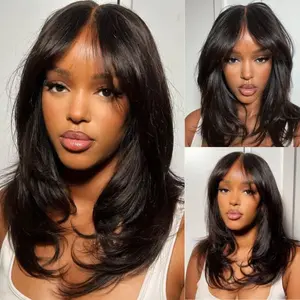 Cynosure Glueless Curtain Bangs Pre Cut 8x5 HD Lace Wig 180% Density Pre Bleached Natural Human Hair Wigs