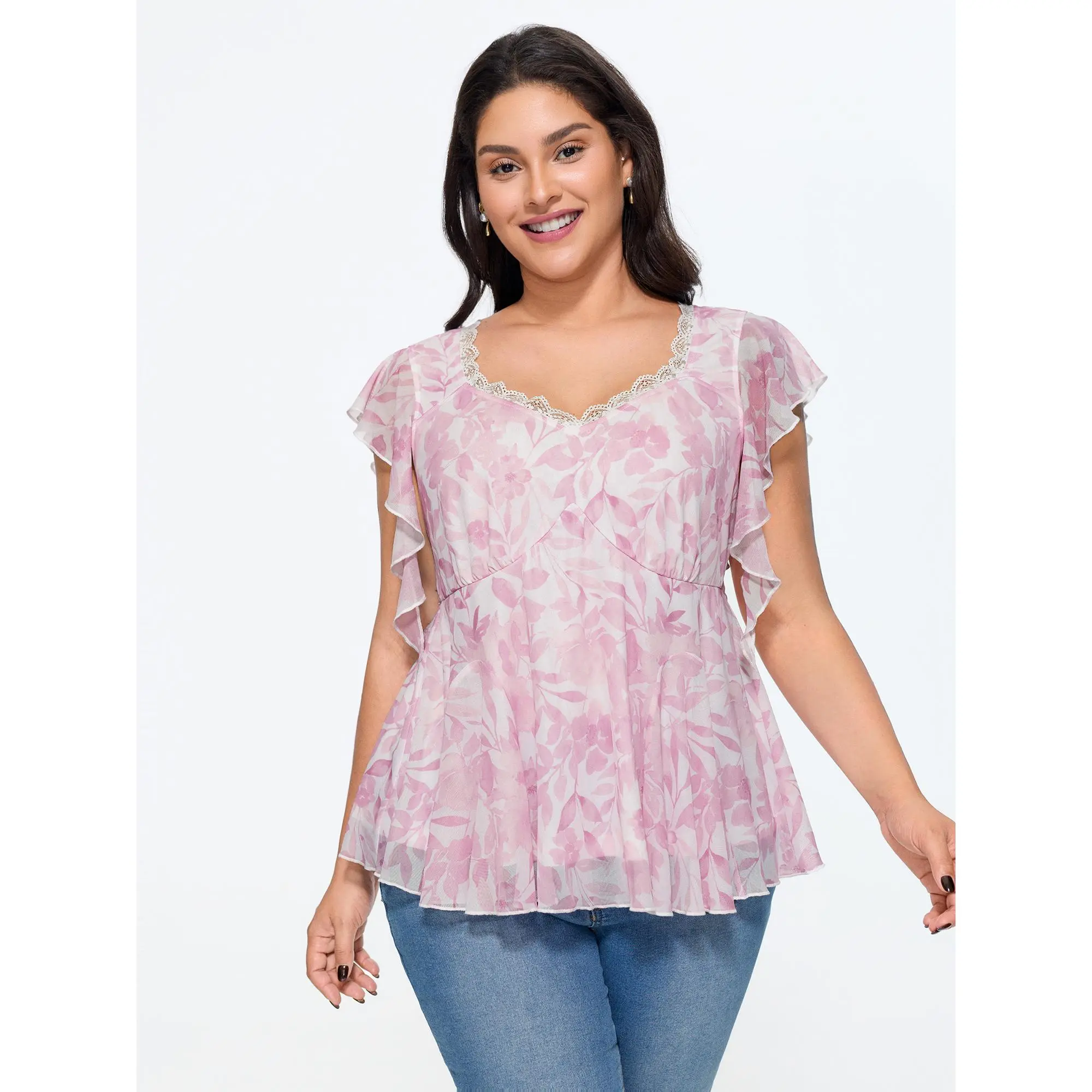 BLOOMCHIC Plus Size Soft Floral Lace Scallop Neck Flutter Sleeve Peplum Top[M-6X] 2026 Summerfinds