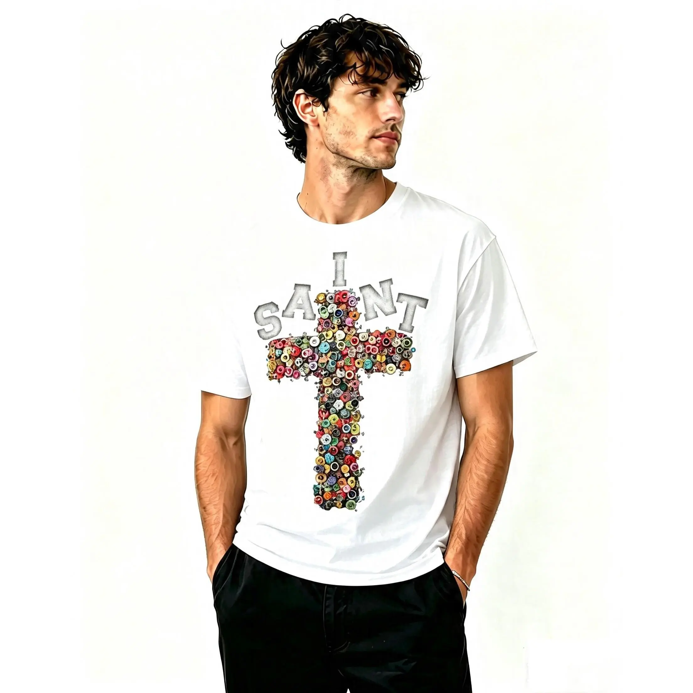 Vintage Saint Cross Short Sleeve T-Shirt Crafted Using 100% cotton fabric 180g Crew Neck Tee Casual Shirt Lightweight Breathable Comfort Fit Menswear Top Streetwear Retro Faith Inspired Artwork Religious Symbol Print Soft Fabric Everyday Wear Classic Urba