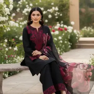 Pakistani Three Piece Black Embroidery Neck Printed Dupatta Casual Womenswear