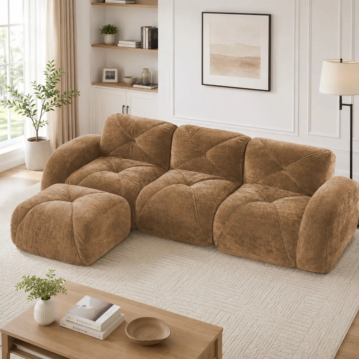 L-Shaped Modular Sectional Sofa, No AssemblyNeeded, Ergonomic Luxury Corduroy Couch, Pet-FriendlyDesign with Extra-Wide Curved Armrests, 32D HighResilience Sponge, Ideal for Living Room and Bedroom