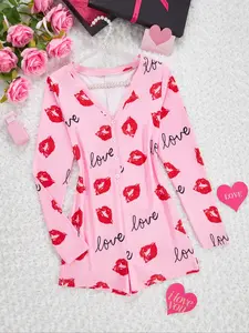 Women's Pajamas Jumpsuit Women's Fashion Red Lips Print Pink Long Sleeve Jumpsuit V Neck Sexy