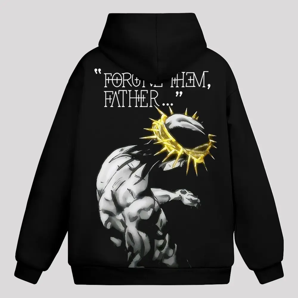 "Forgive Them, Father..." Jesus JoJo Hoodie - Anime Graphic Pullover for Fans, Casual Oversized Hoodie