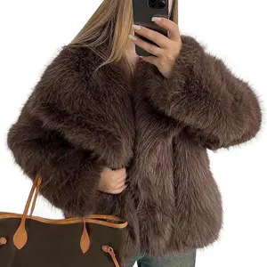 Womens Cropped Fluffy Faux Fur Coat Open Front Long Sleeve Furry Jacket with Pockets