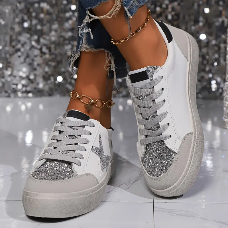 Glamorous Sequins Star Women's Skate Shoes - Fashion Sneakers with Trendy Lace Up, Low Top, Versatile, Breathable, Comfortable Design for Student Walking, Casual Outings, and Daily Wear Girl Runner casual sneakers trending sneakers