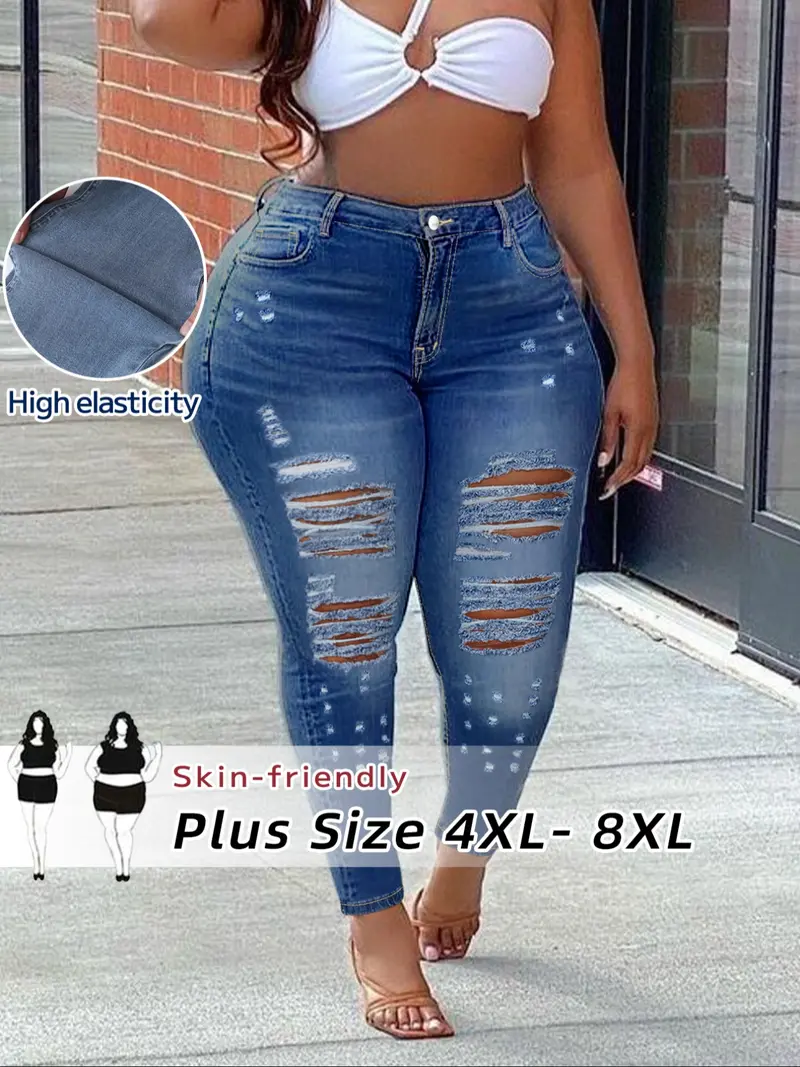 Plus Size High Waisted Denim Jeans, Stretchy Washed Casual Fashion Skinny Fit, Ripped Design, All Seasons Wear, Sizes 5xl-8xl