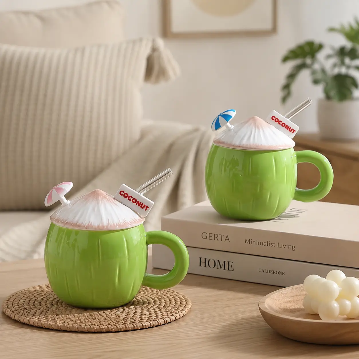 Coconut-shaped ceramic mug with lid, straw and umbrella decoration. Summer milk tea, juice and water cup. Handmade Cafecito Mug