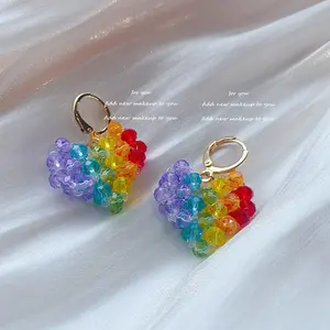 Rainbow Heart Beaded Earrings for Women, Korean Style, Unique Design, New Spring/Summer 2026, Handmade, Internet Celebrity Earrings E50159-EH