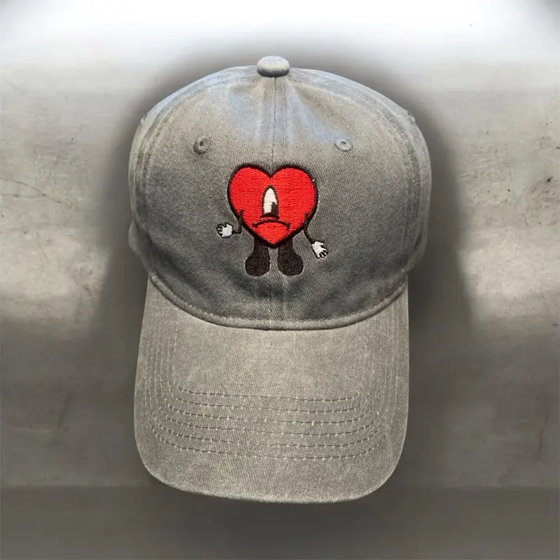 Heart Design Baseball Cap - Gray Color with Red Heart Embroidery, Adjustable Fit, Perfect for Casual Wear
