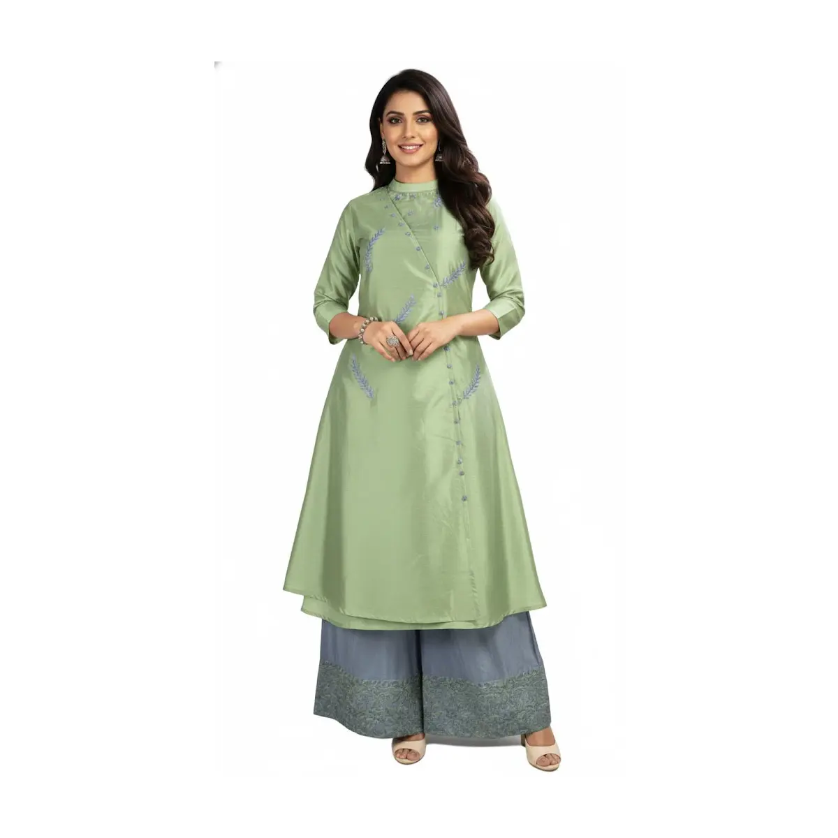 Sage Green A‑Line Kurta & Blue Palazzo Set | Festive/Party Wear #KAI 1003