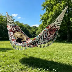 Nordic style Su canvas hammock, anti rollover double leisure swing bed, soothing and relaxing body and mind, stable load-bearing safety protection, retro jacquard wear-resistant fabric, outdoor camping, courtyard terrace, suitable for home leisure