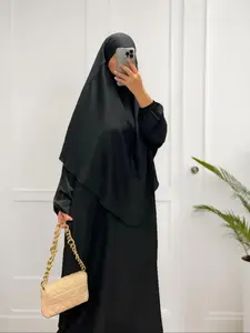 Women's Solid Long Sleeve & Abaya Hijab Set Casual Two-piece Islamic Clothing for Daily Wear, Ladies Islamic Clothing for All Seasons