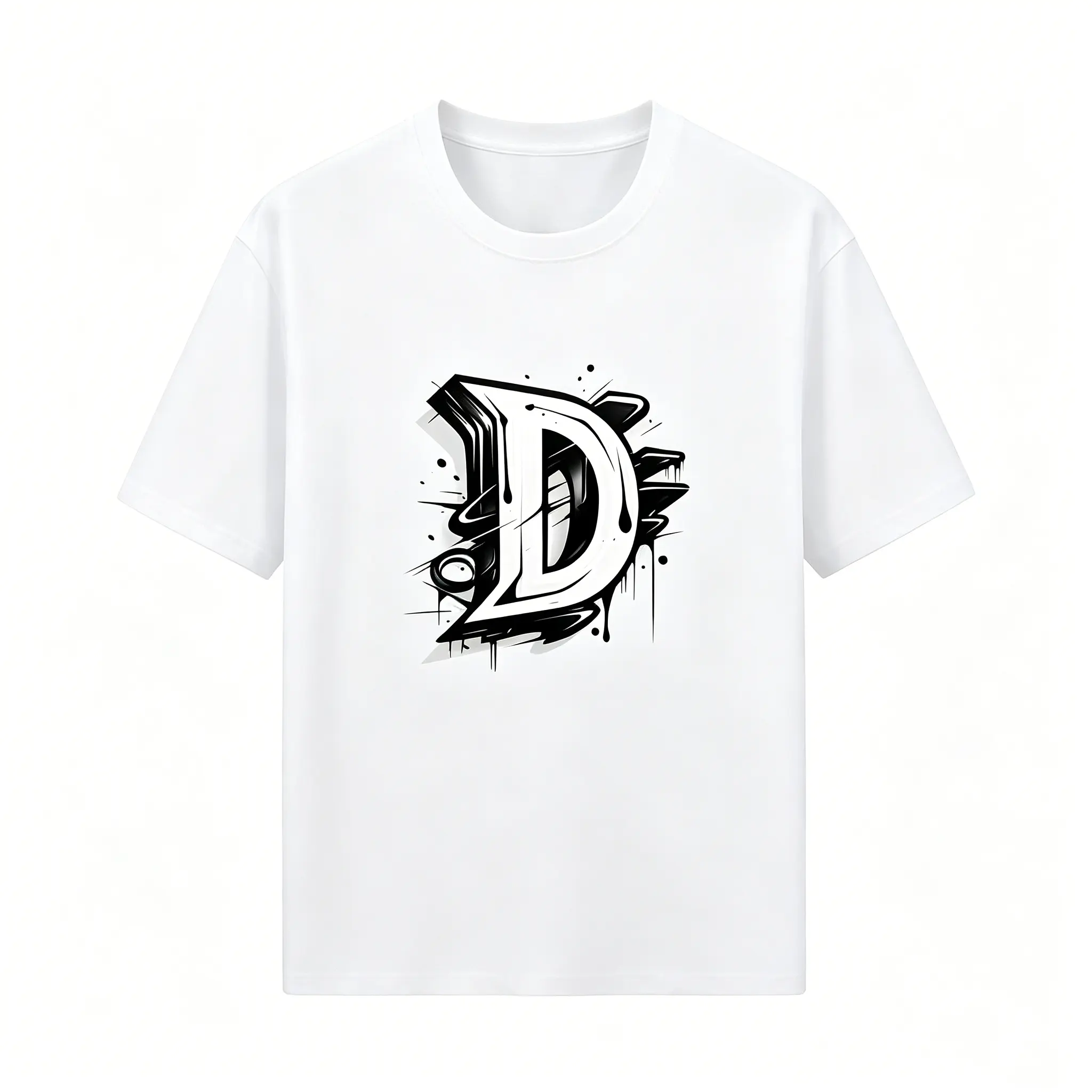 Black White T-Shirt with 3D Graffiti Letter D Graphic, Bold Urban Streetwear Initial Top, Casual Street Art Summer Workout Essentials