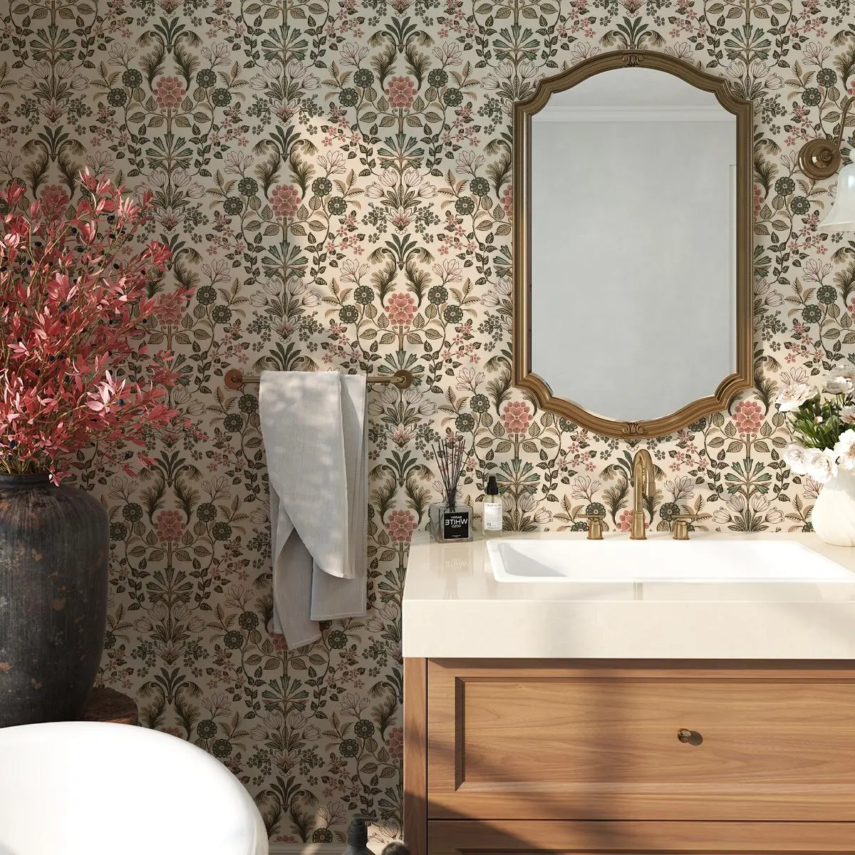 Vintage Floral Pattern Wallpaper, Bathroom Peel and Stick Wallpaper Designs, Self Adhesive Waterproof Wall Sticker, Decorative Sticker for Home Living Room Bedroom, Home Decor