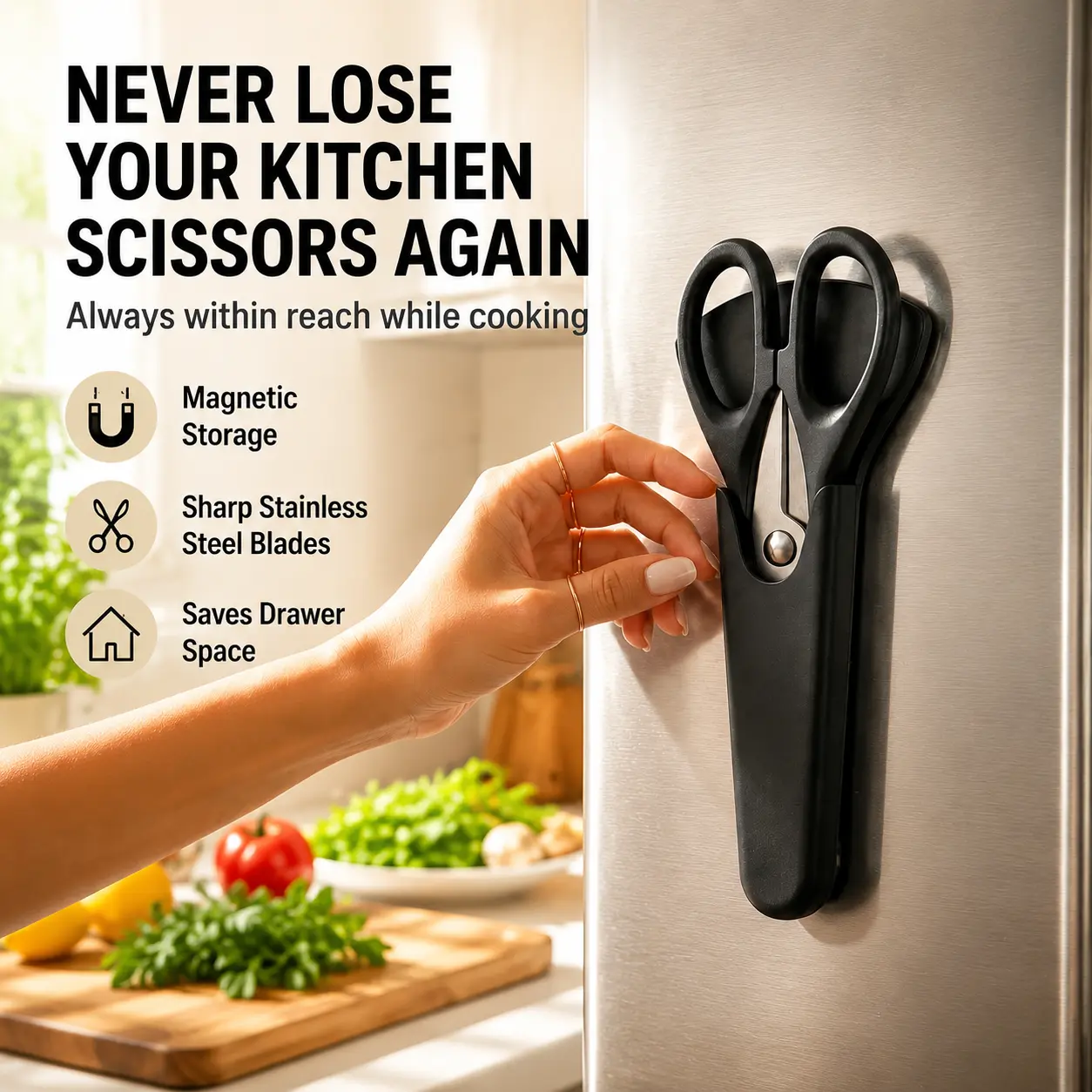 Black Magnetic Kitchen Shears with Fridge-Mount Protective Cover - Heavy-Duty Stainless Steel Scissors for Fast Meal Prep, Chicken Cutting - Space-Saving Kitchen Essential for Easy Cleanup, Cooking Kitchenware Cutter-A