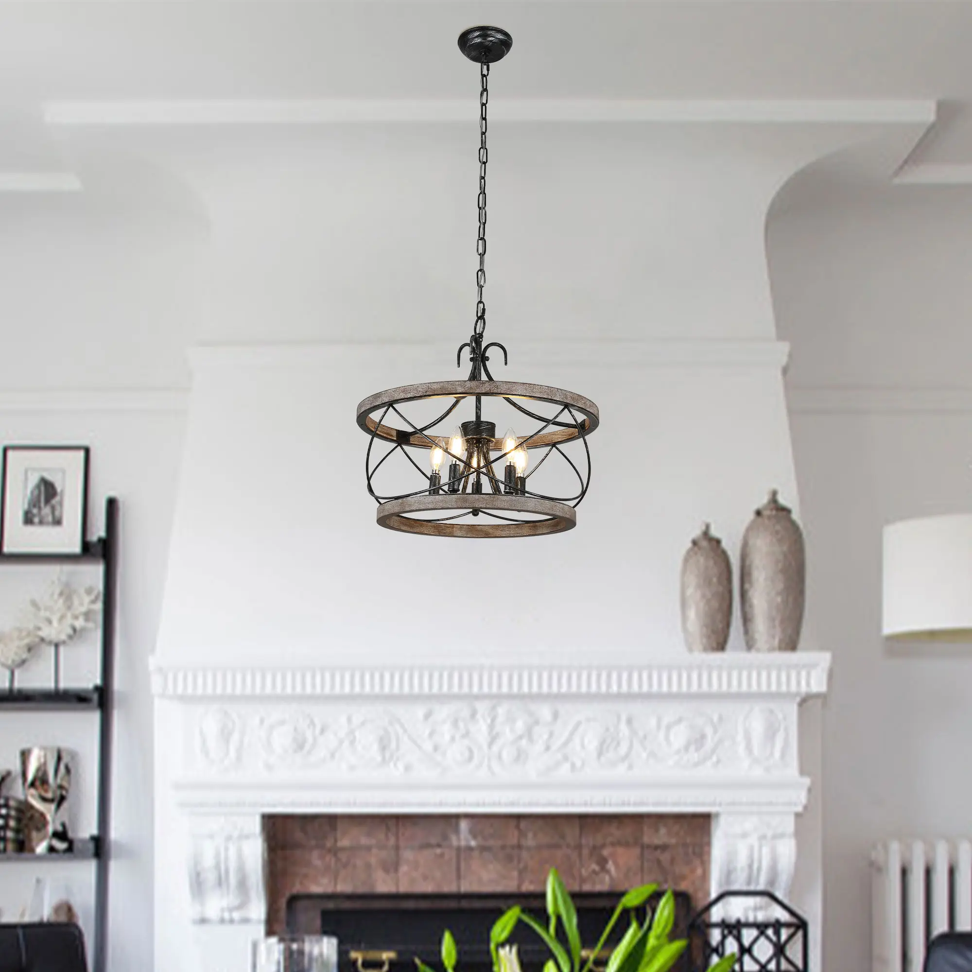 5 Lights 19.7" Vintage Style Wooden Chandelier with Adjustable Chain and Candelabra Bulb Base for Home Decoration
