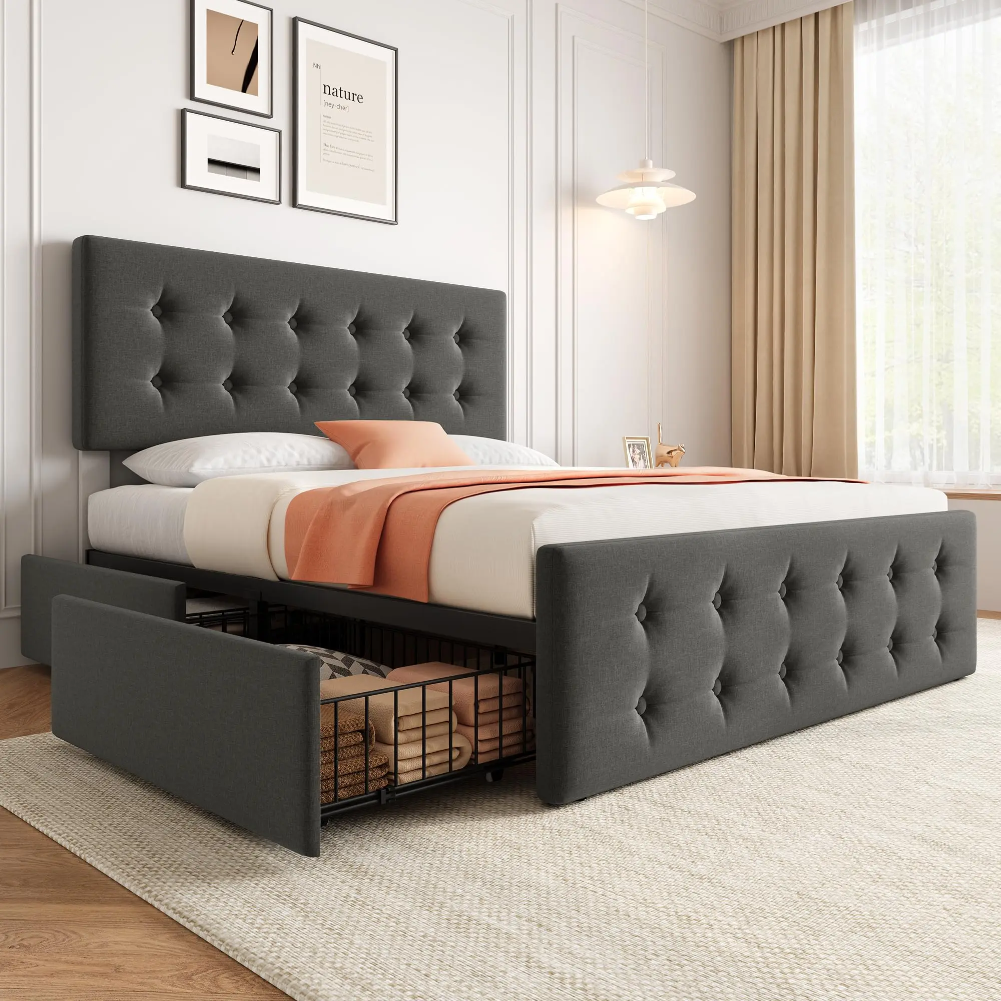 GARVEE Full Size Tufted Bed Frame - Light Grey Velvet Upholstered Headboard, 4 Storage Drawers, Wooden Slats Support, No Box Spring Needed