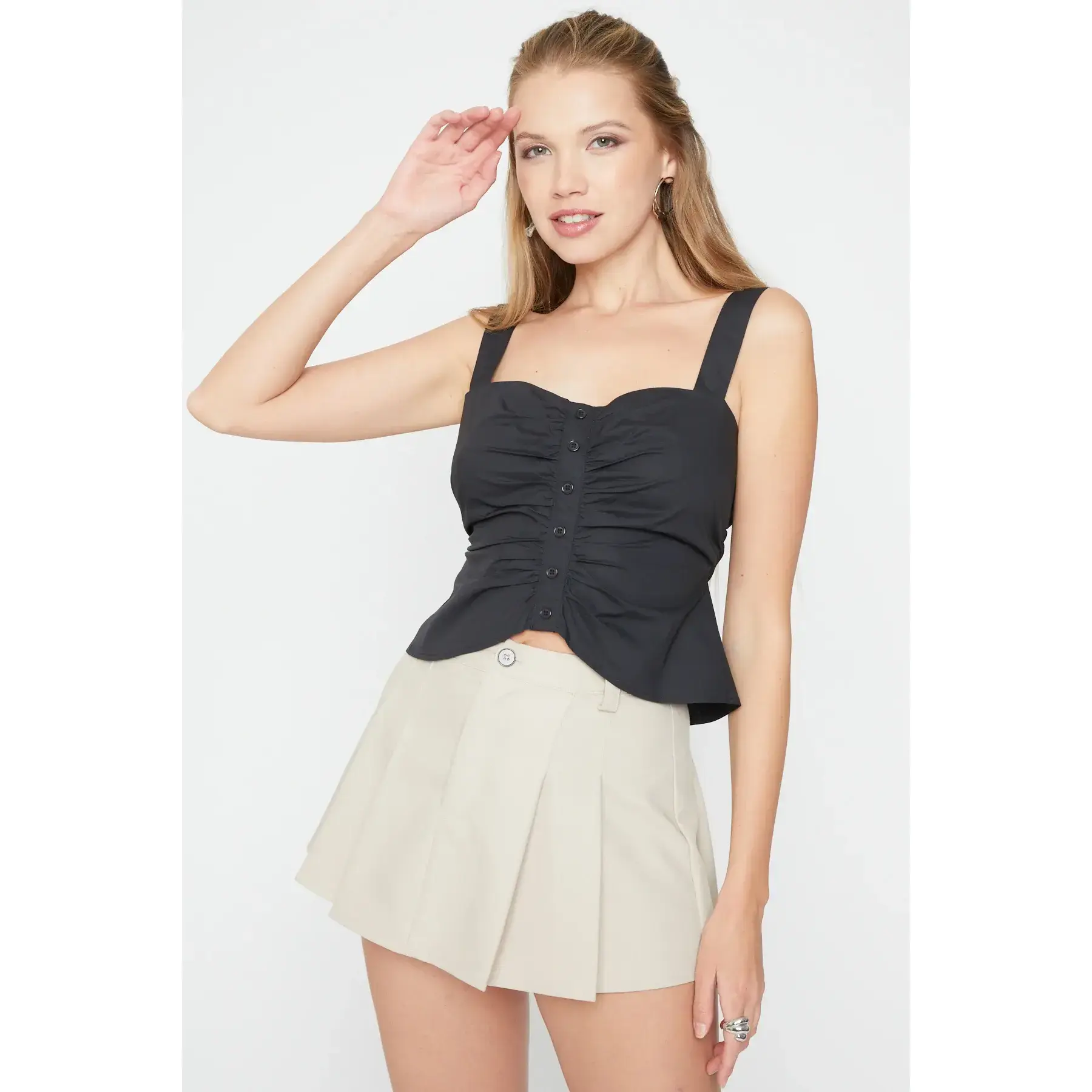 Women's Shirred, Button-Detail Poplin Cami with Front Zip & Back Closure - GST2268