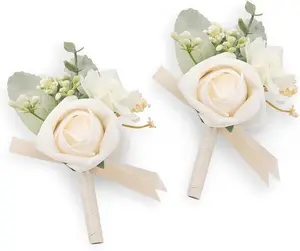 TINGE TIME Champagne Rose Boutonniere for Men Wedding, Set of 2, Groom Groomsmen Boutineers Decor for Wedding Ceremony Anniversary, Formal Dinner Homecoming and Rustic Vintage Wedding