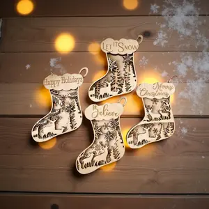 Wooden Christmas Stocking Ornaments Set of 4 with Laser-Cut Details Festive Phrases for Holiday Tree Decoration 4 Inches Tall Customizable Gifts 2025