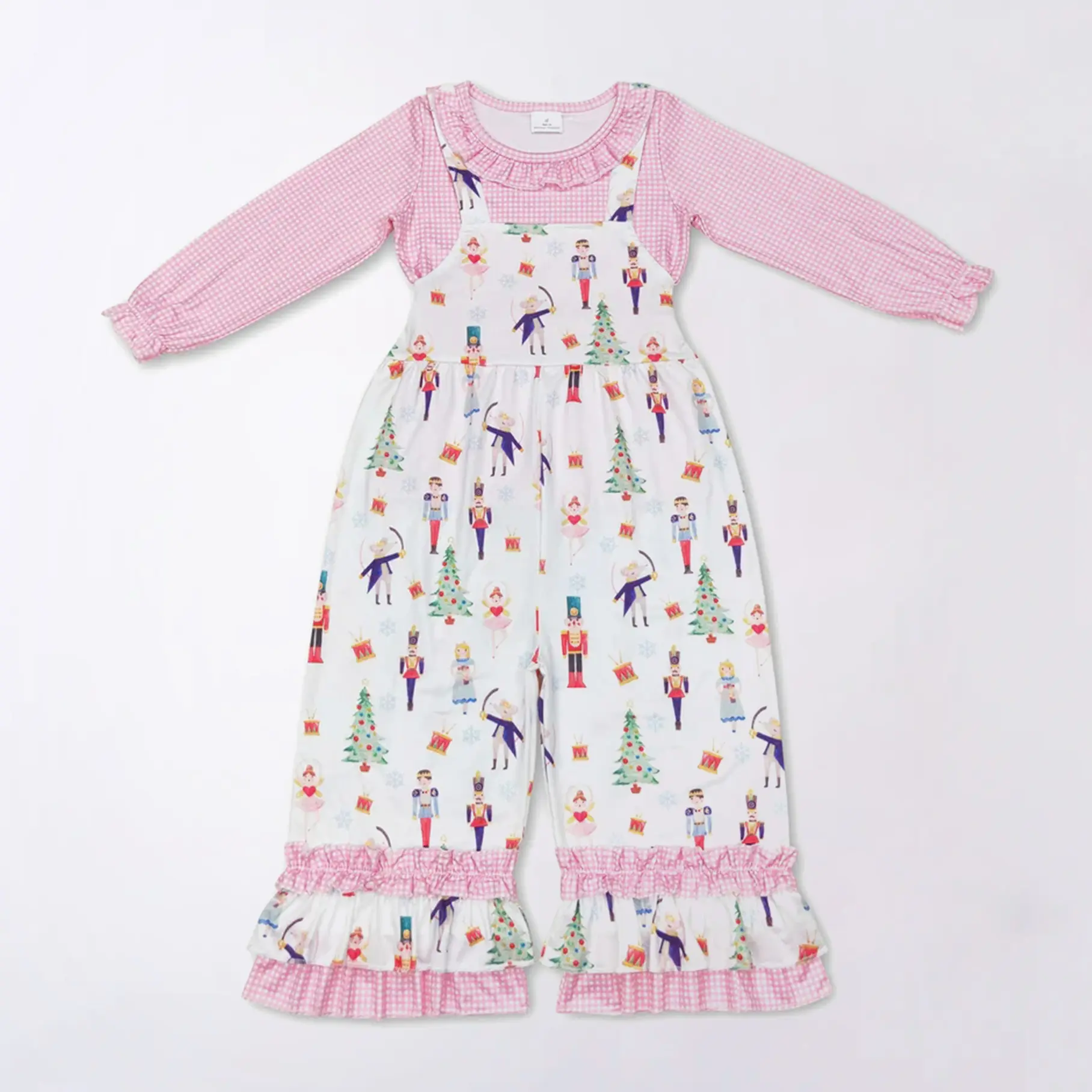 Girls Christmas Overalls Set, 2-Piece Outfit with Playful Santa Pattern Red Overalls and Ruffle Hem