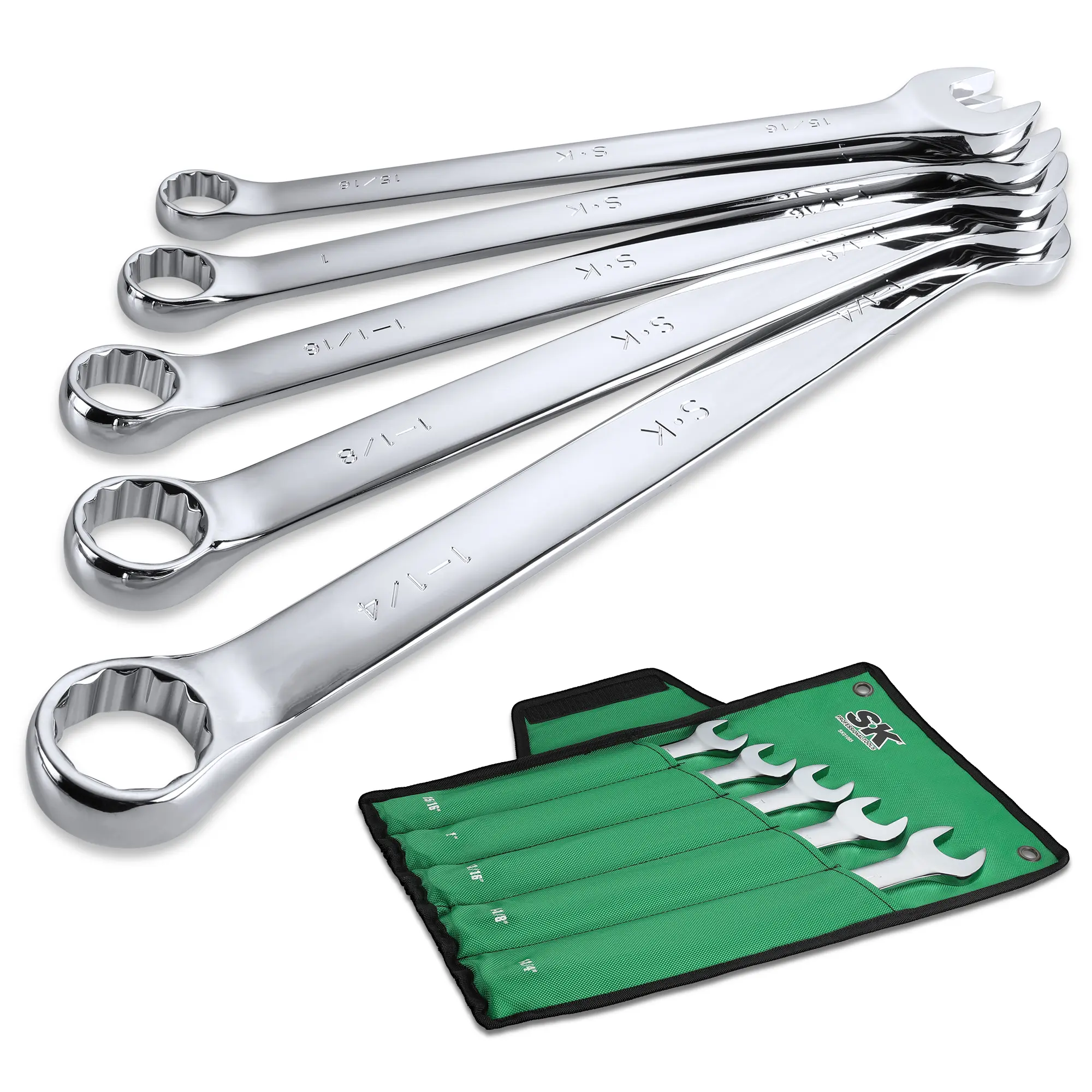 #summersale SK Long Pattern Combination Wrench Set, SAE 15/16" to 1-1/4", 5-Pack, SuperKrome Finish, Premium CR-V Construction, with Rolling Pouch